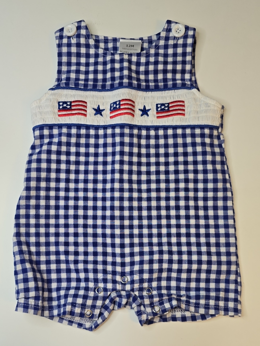 Blue Gingham Baby Romper with Flag Embroidery